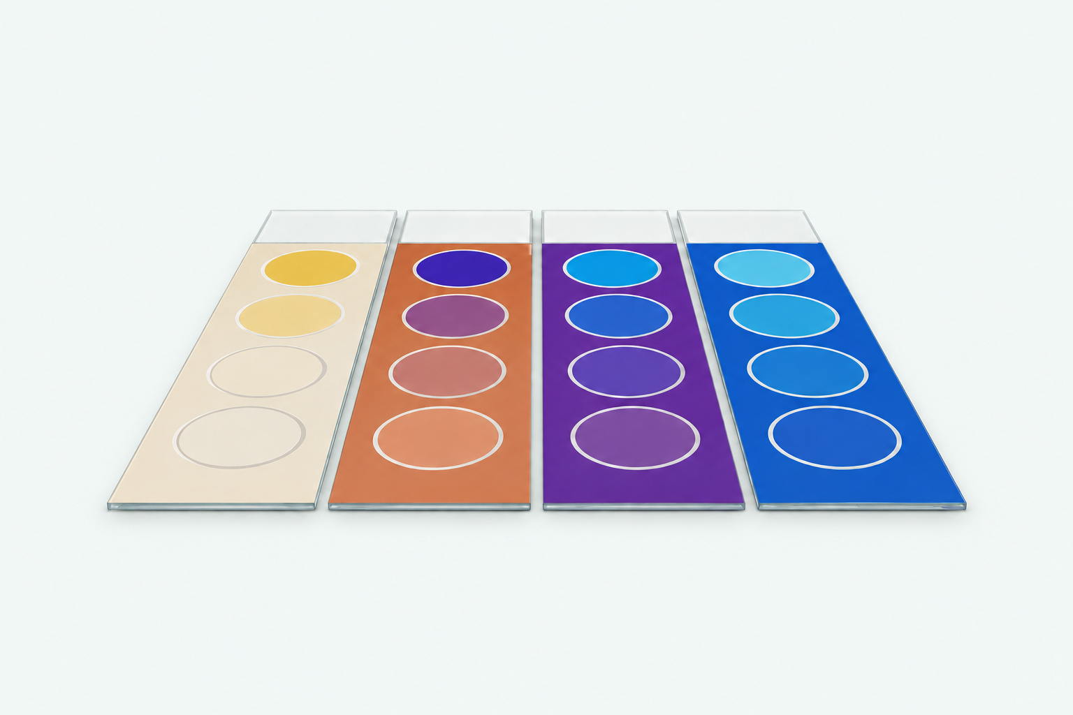 Rendering of four clean Pavonis VICA™ slides with colour-active assay surfaces